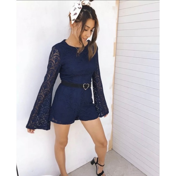 Navy Longsleeve Lace Amelie Playsuit Romper - Picture 2 of 5